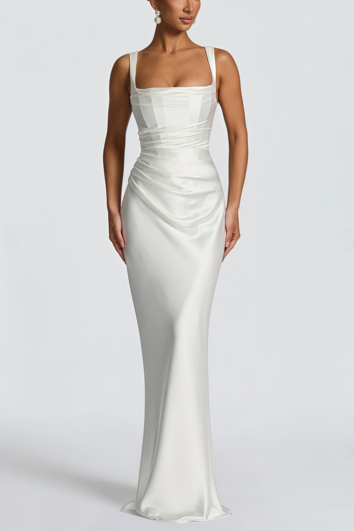 Inmaculada White Ruched Satin Maxi Dress