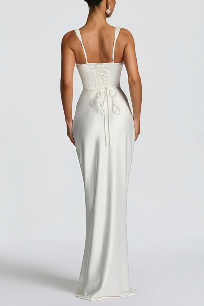 Inmaculada White Ruched Satin Maxi Dress