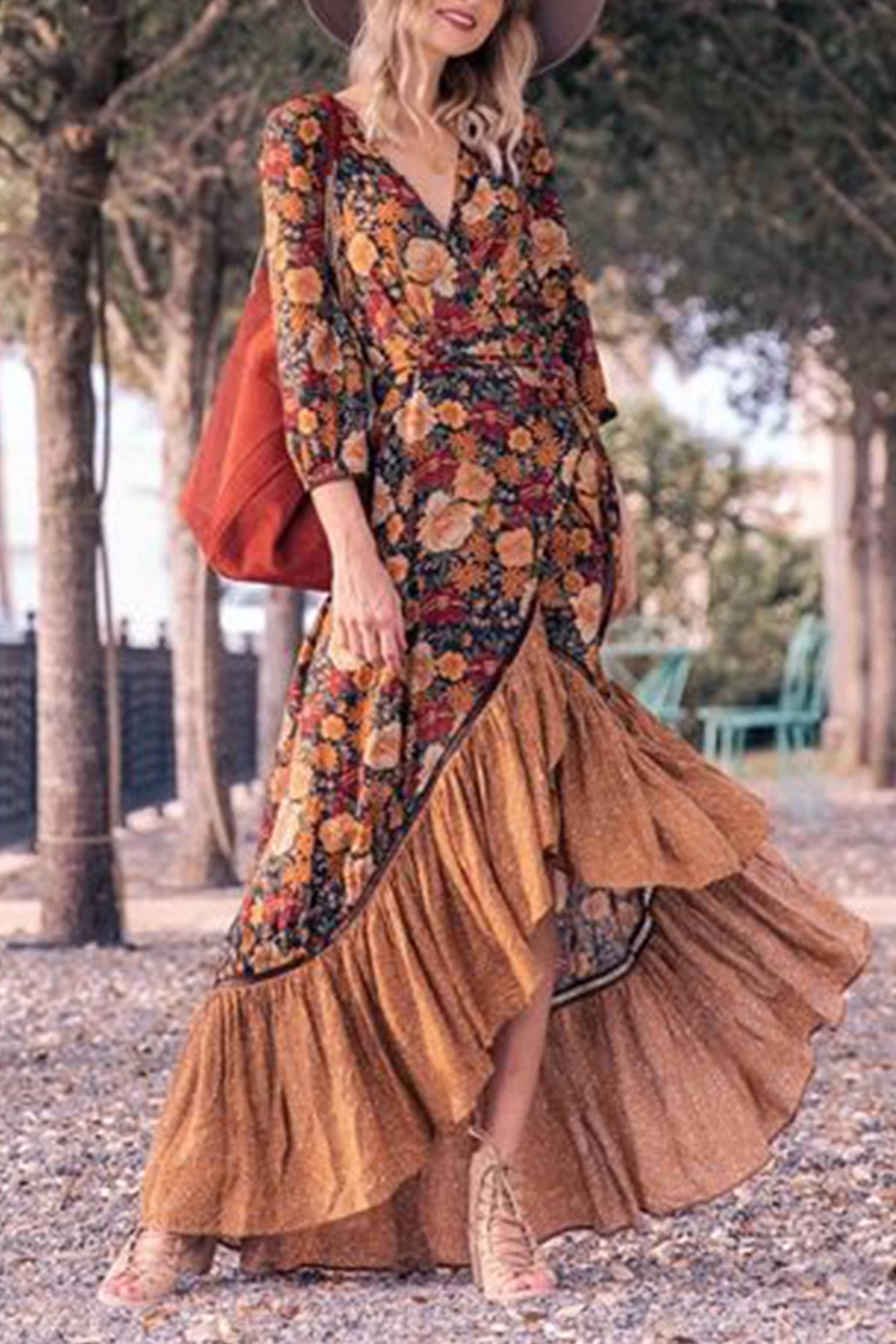 Omyke Long Sleeve Print Retro Long Maxi Dress