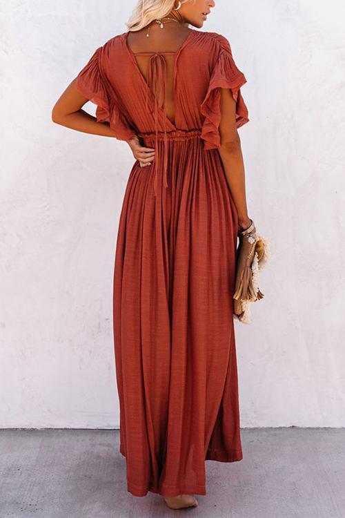 Button Drawstring Waist Bat Maxi Cover Dress