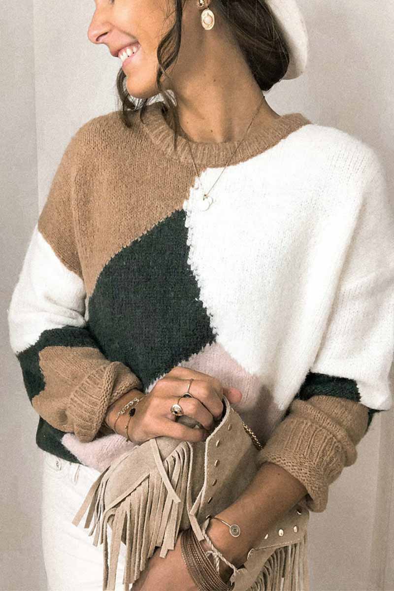 Omyke Round Neck Loose Contrast Stitching Knitted Sweater