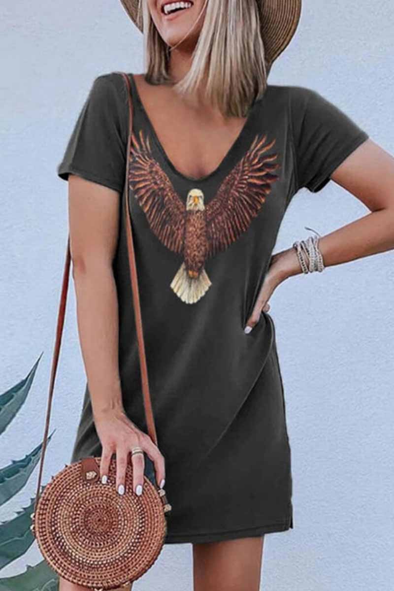 Omyke Loose V-Neck Eagle Print Short Sleeves Mini Dress