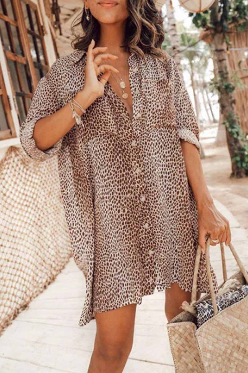 Omyke Leopard Print Long Sleeve Shirt Mini Dress