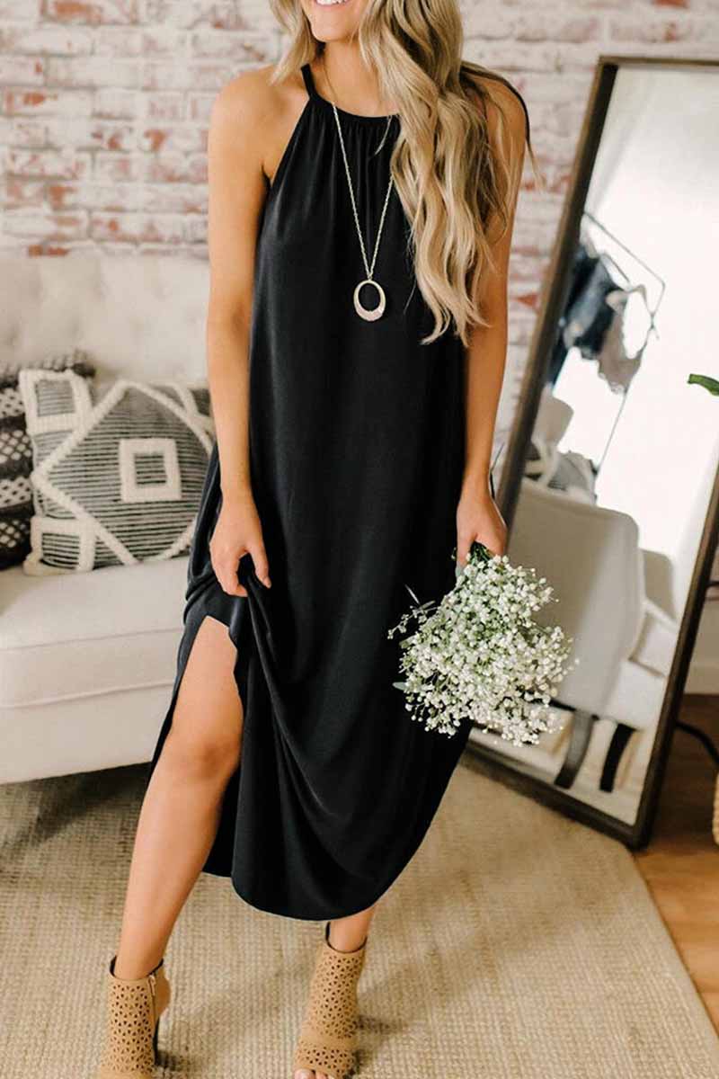 Omyke Loose Sexy Solid Color Sling Midi Dress