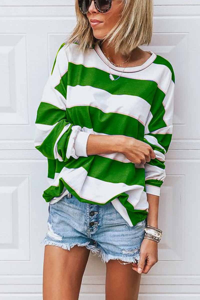 Omyke Loose Round Neck Striped T-shirt