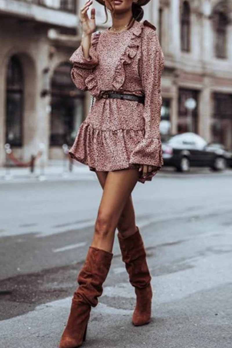 Omyke Ruffle Print Long Sleeves Mini Dress