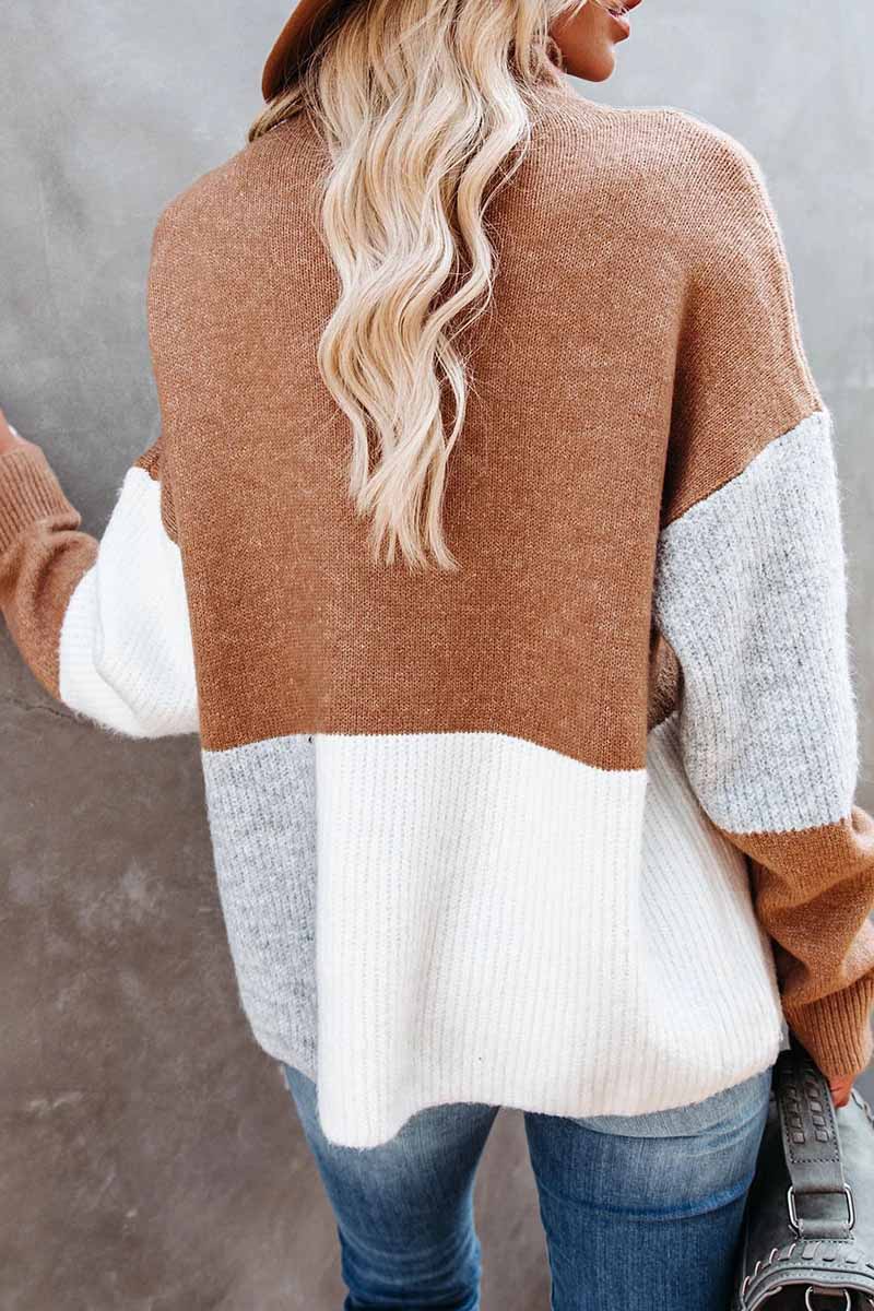 Omyke Contrasting Color High Neck Knitted Sweater