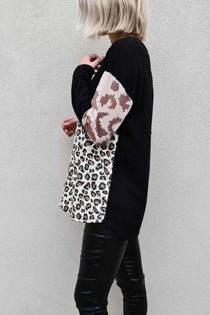 Omyke Leopard Patchwork Printed Sweater