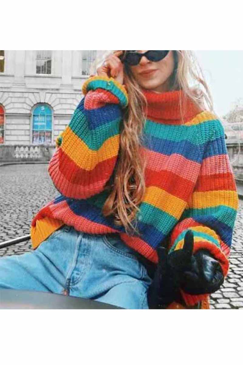 Omyke Rainbow Striped Loose-knit Sweater