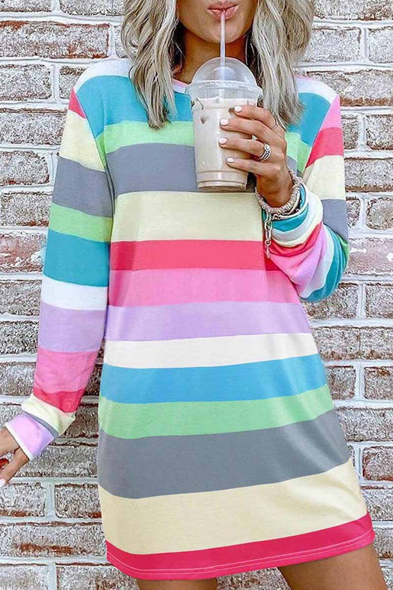 Omyke Rainbow Long Sleeve Stripes Mini Dresses