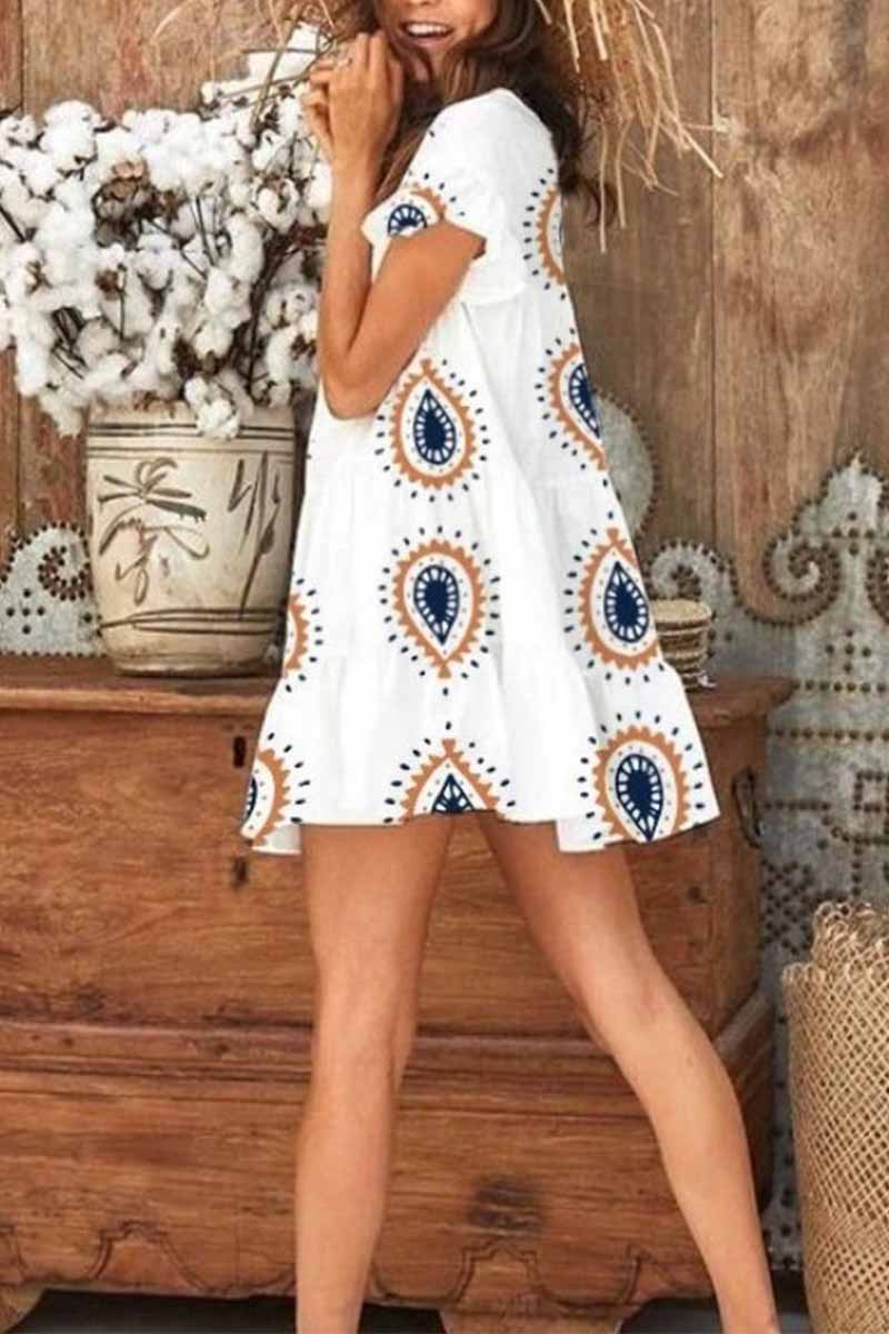 Omyke Round Neck Print Water Drop Mini Dress