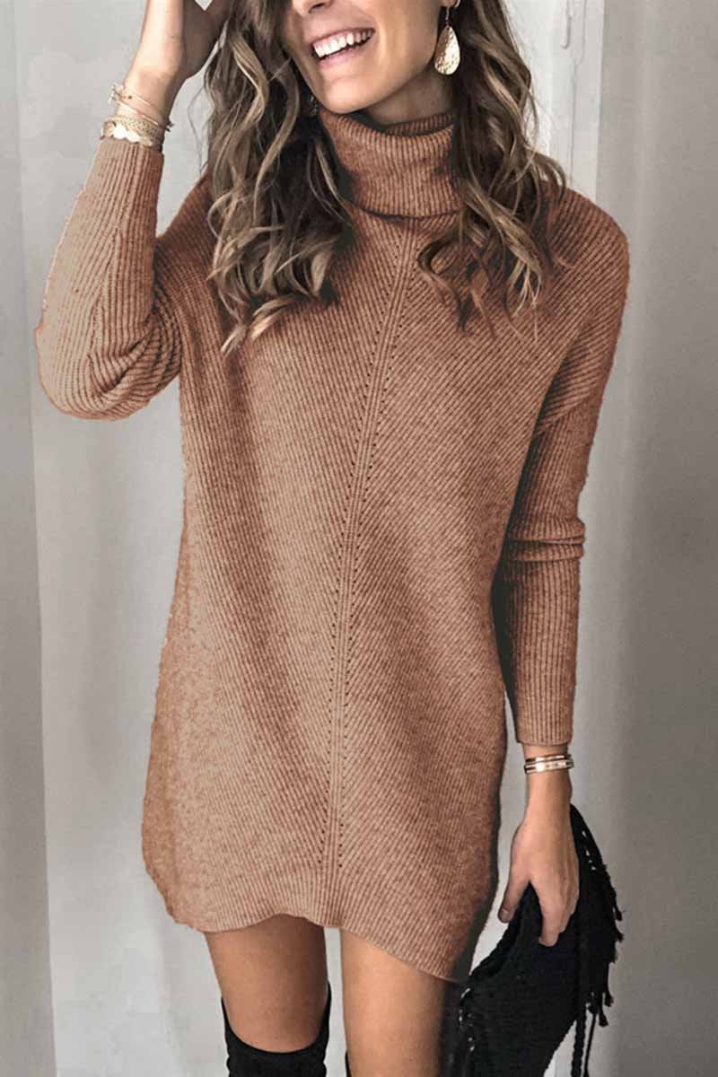 Omyke Casual Turtleneck Midi Dress