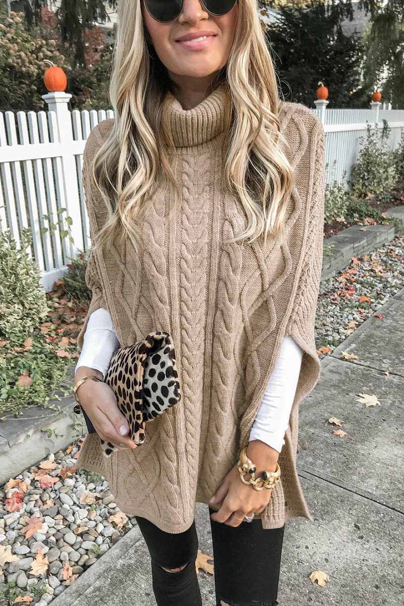 Omyke High Neck Loose Cable Knit Pattern Stitching Sweater(7 Colors)