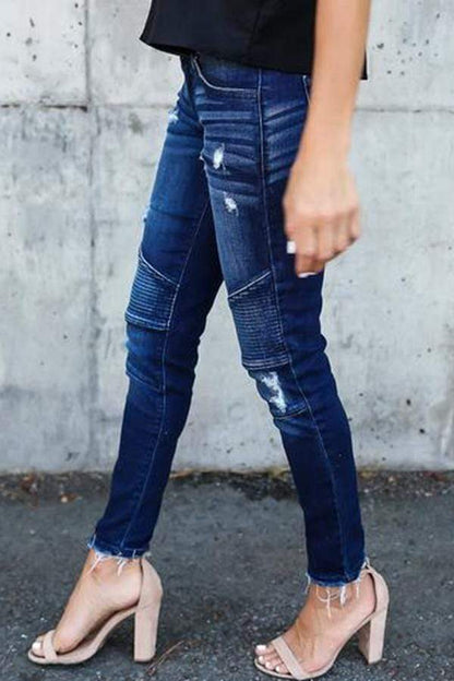 Omyke Regular Waist Solid Color Skinny Fit Hole Jeans