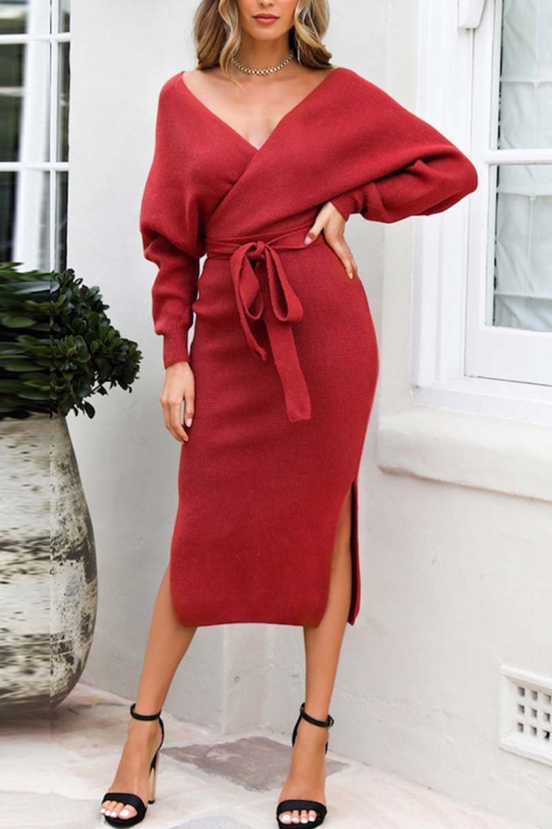 Florcoo V Neck Backless Sweater Dress(5 Colors)