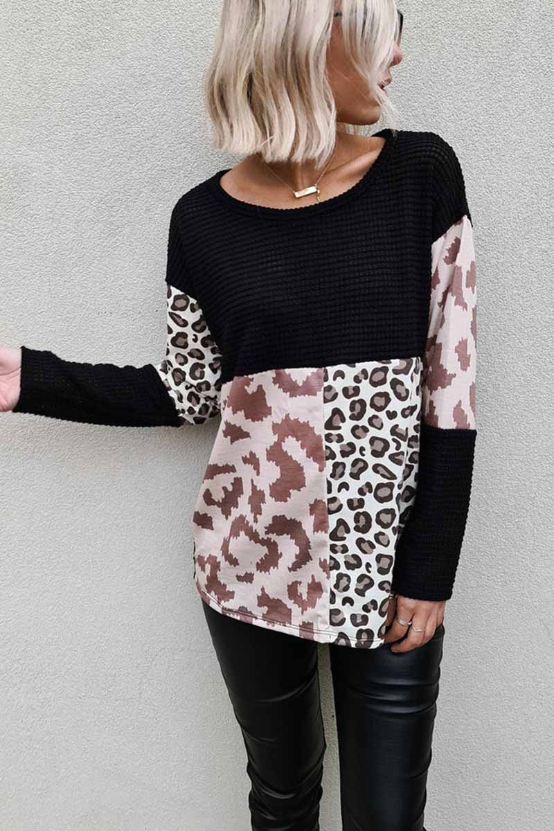 Omyke Leopard Patchwork Printed Sweater