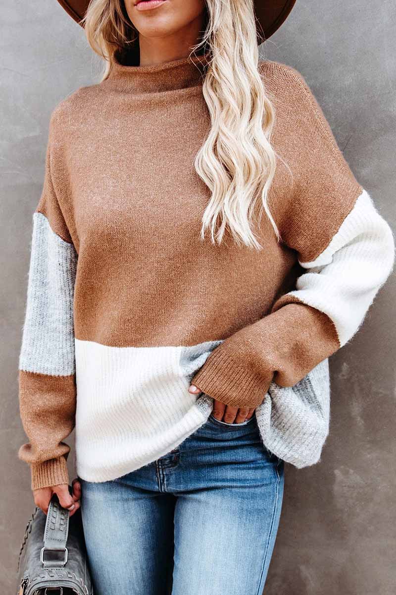 Omyke Contrasting Color High Neck Knitted Sweater