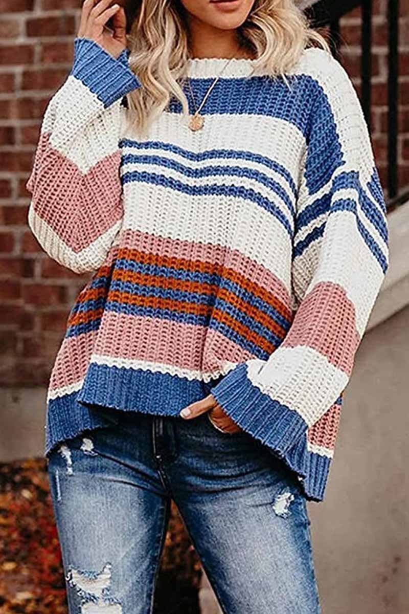 Omyke Paneled Knitted Striped Sweater