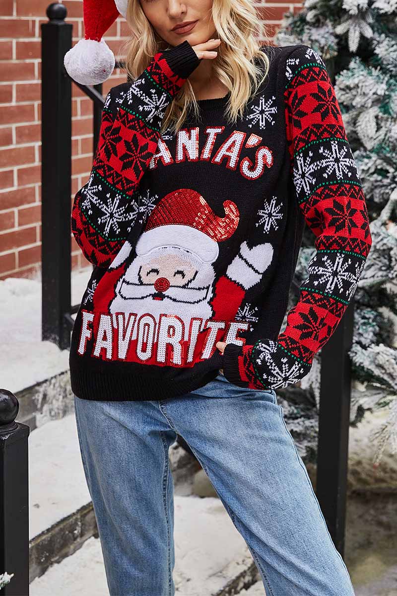 Omyke Santa Embroidered Round Neck Knitted Sweater