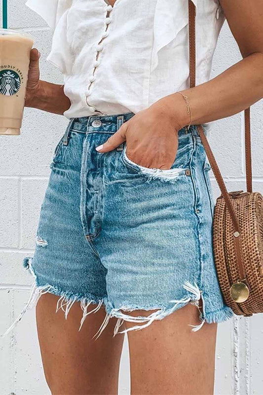 Florcoo Summer Loose Button Ripped Fringed Denim Shorts