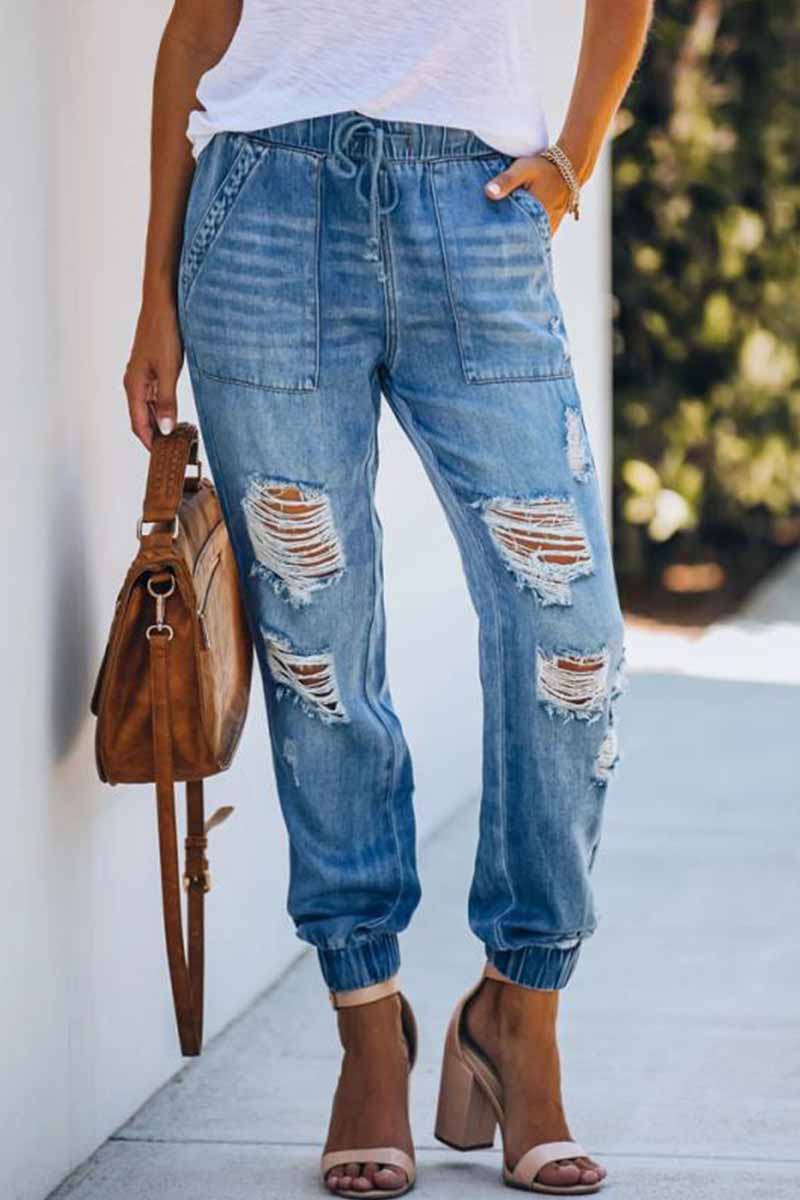 Florcoo Adjustable Waist Ripped Loose Jeans