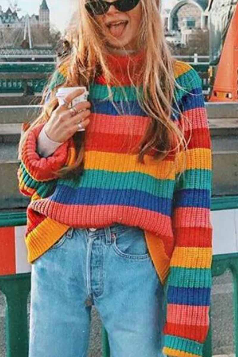 Omyke Rainbow Striped Loose-knit Sweater