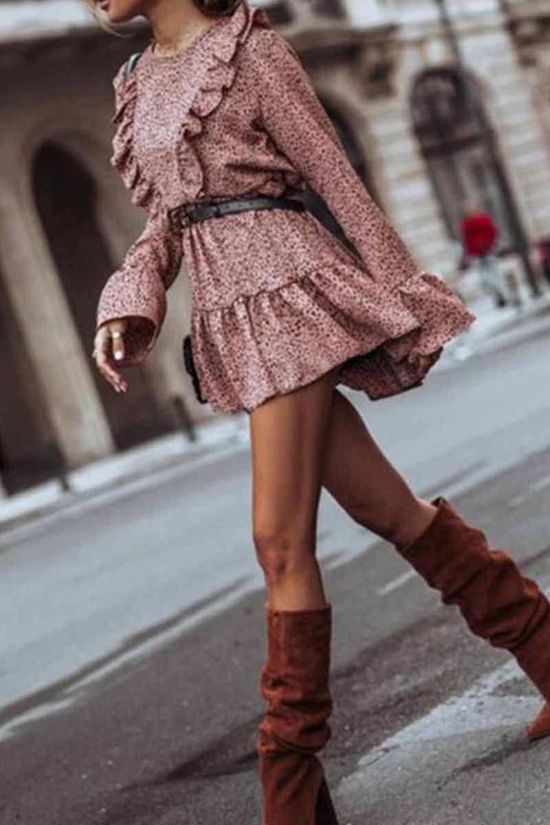 Omyke Ruffle Print Long Sleeves Mini Dress