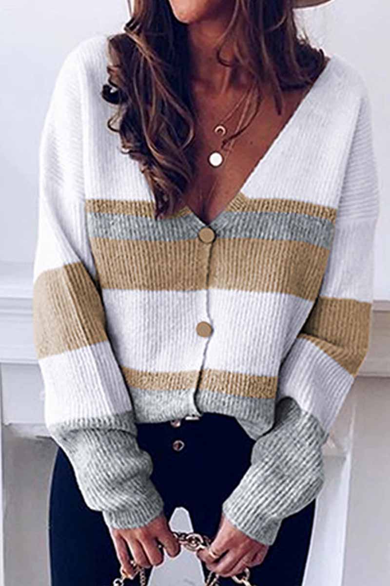 Omyke Long Sleeve V Neck Color-Block Sweater