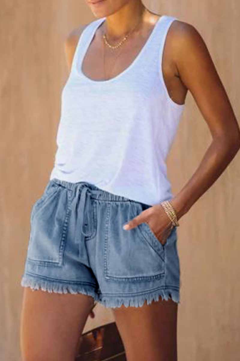 Florcoo Adjustable Tassel Pockets Design Denim Shorts(3 Colors)