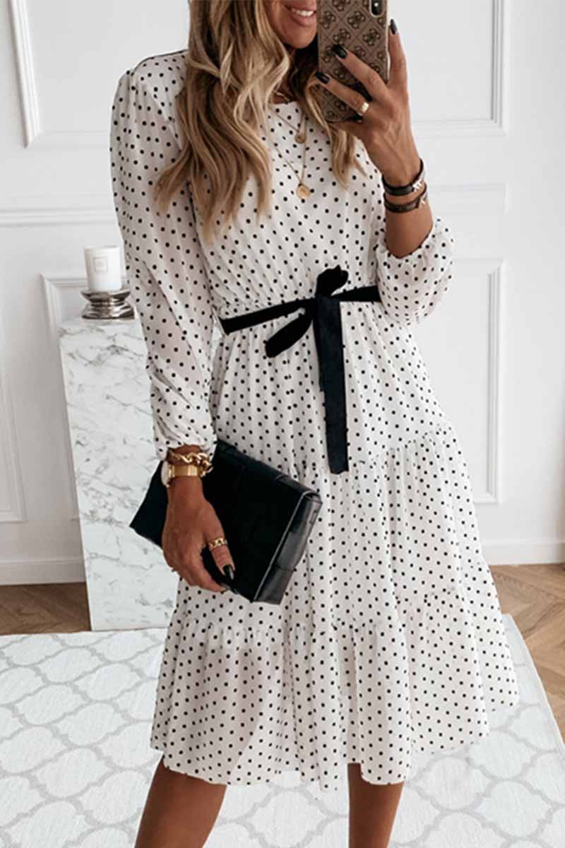 Omyke Elegant White Black Dot Print Round Neck Tie Midi Dress