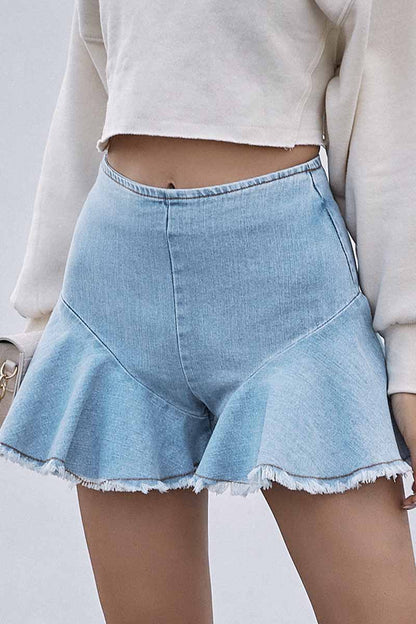 Omyke High-Waisted Commuter Denim Ruffled Zipper Shorts