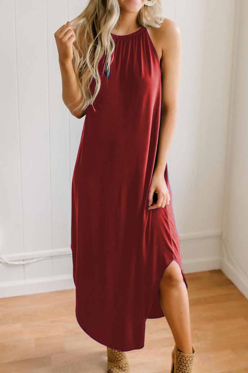Omyke Loose Sexy Solid Color Sling Midi Dress