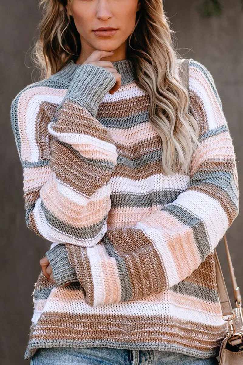 Omyke O-neck Stitching Striped Long-Sleeved sweater