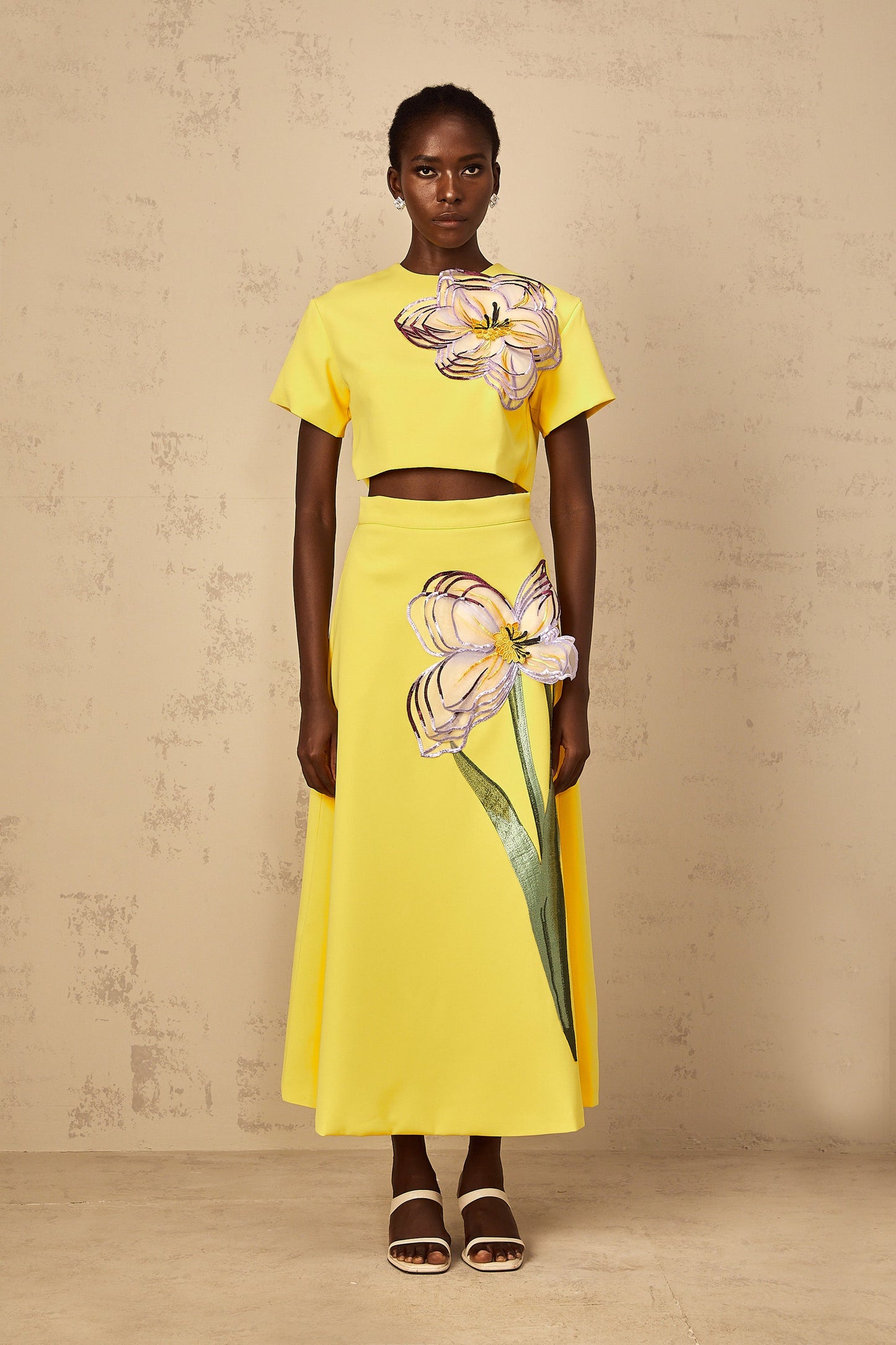 Irène Yellow Sequin Floral Embroidered Matching Set