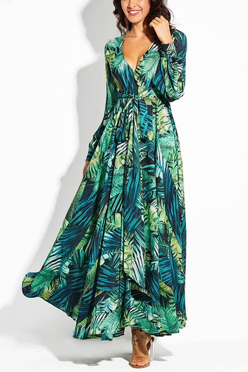 Florcoo V-Neck Leaf Print Maxi Dress