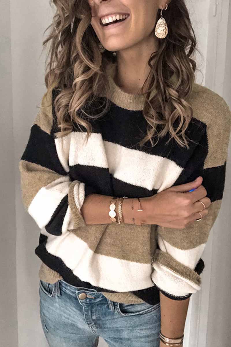 Florcoo Striped O-Neck Contrast Sweater(3 Colors)