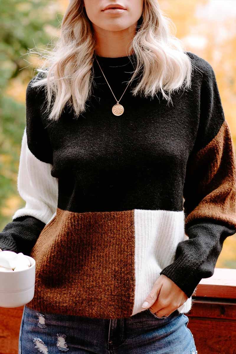 Omyke Contrasting Color High Neck Knitted Sweater