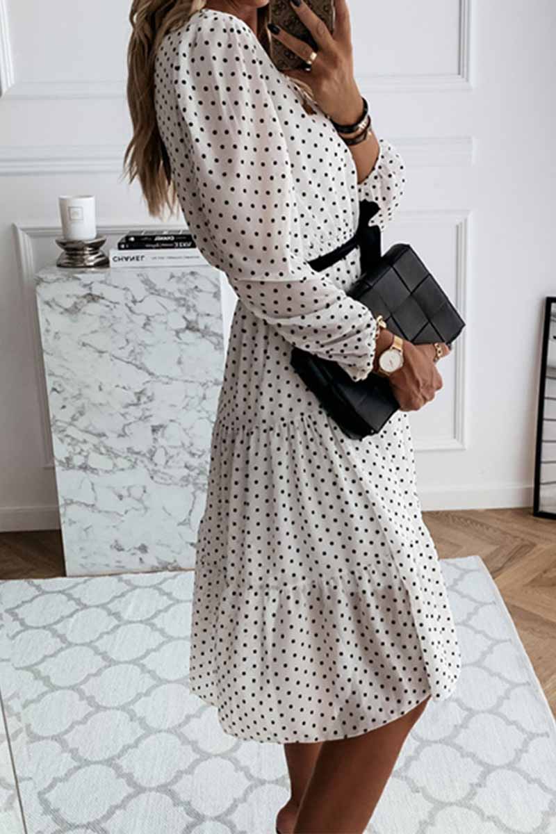 Omyke Elegant White Black Dot Print Round Neck Tie Midi Dress