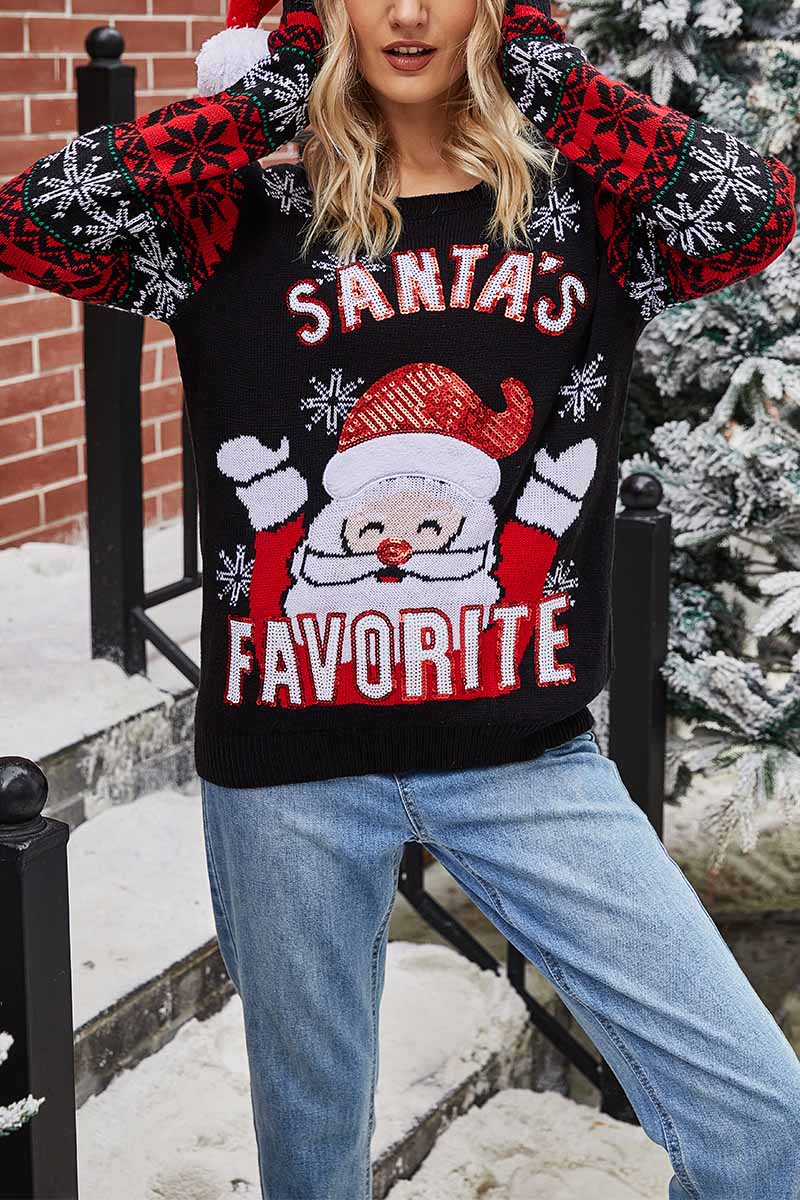 Omyke Santa Embroidered Round Neck Knitted Sweater