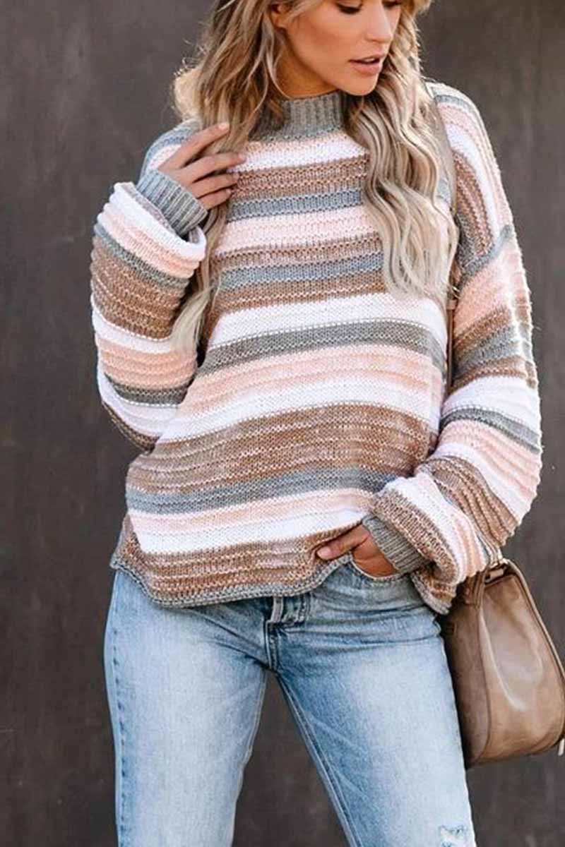 Omyke O-neck Stitching Striped Long-Sleeved sweater