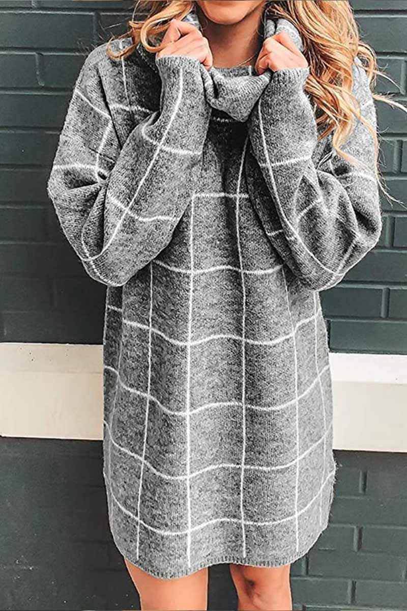 Omyke High Collar Plaid Loose Mini Dress