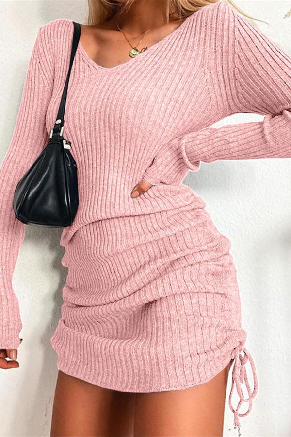 V Neck Side Drawstring Knit Mini Dress