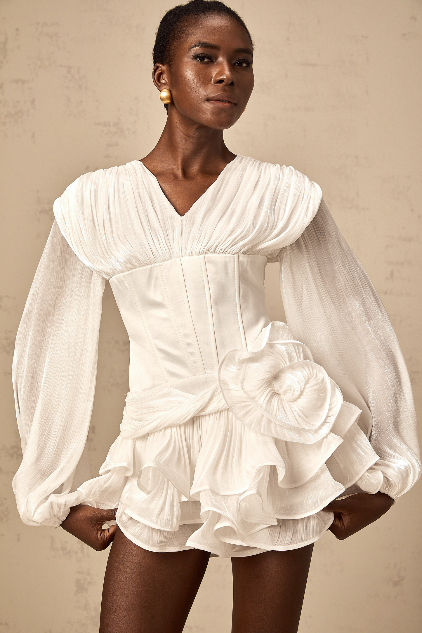 Rosier fully-pleated cinched mini dress in White