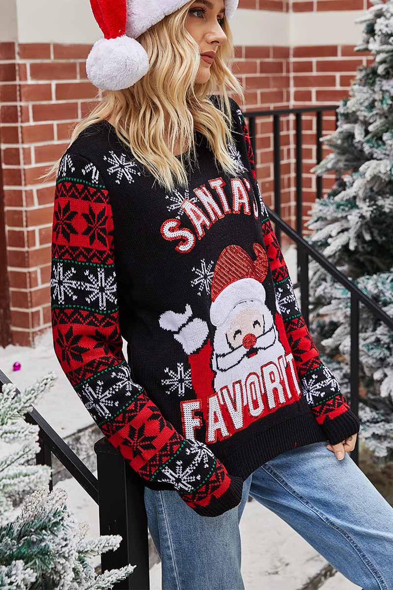 Omyke Santa Embroidered Round Neck Knitted Sweater