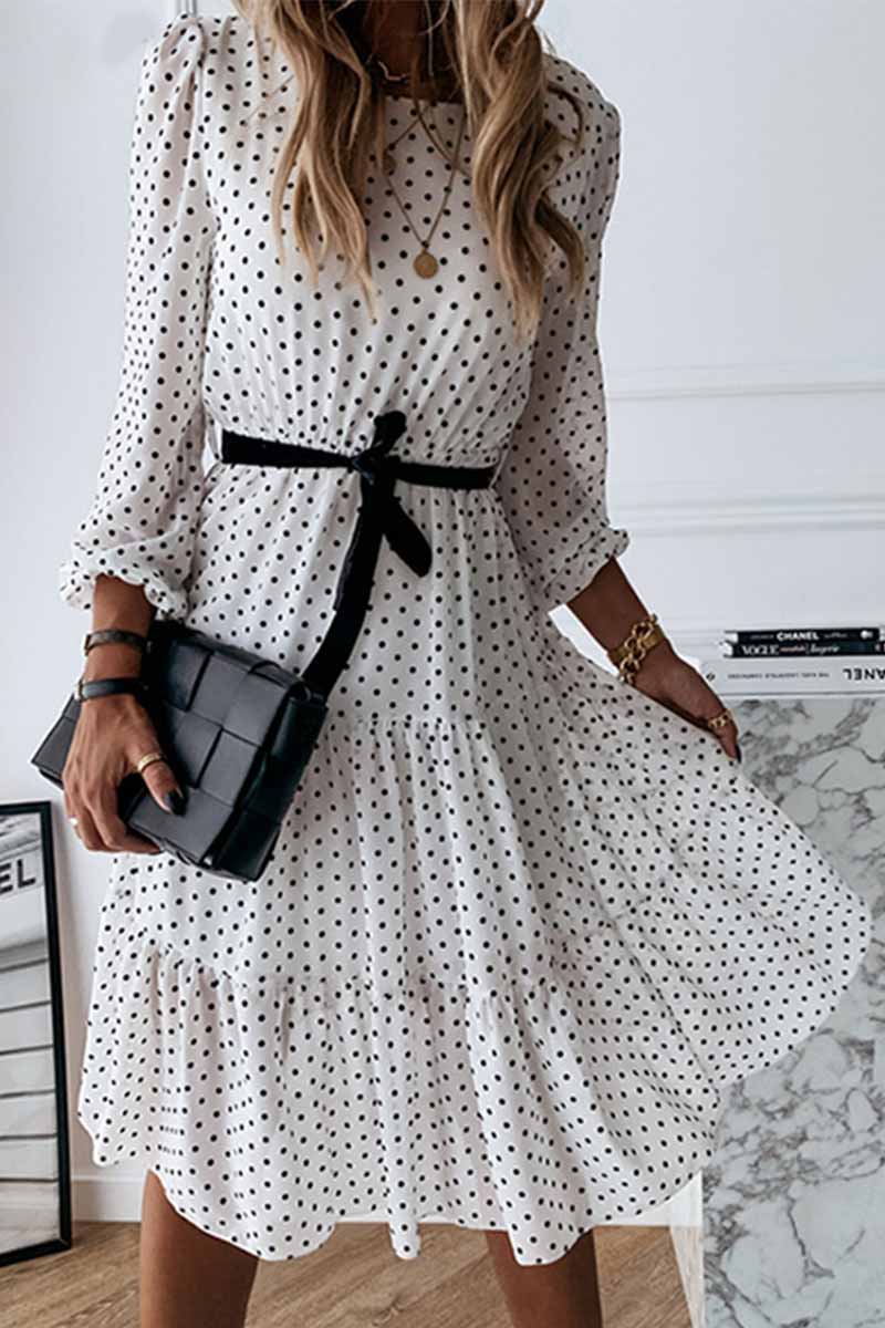 Omyke Elegant White Black Dot Print Round Neck Tie Midi Dress