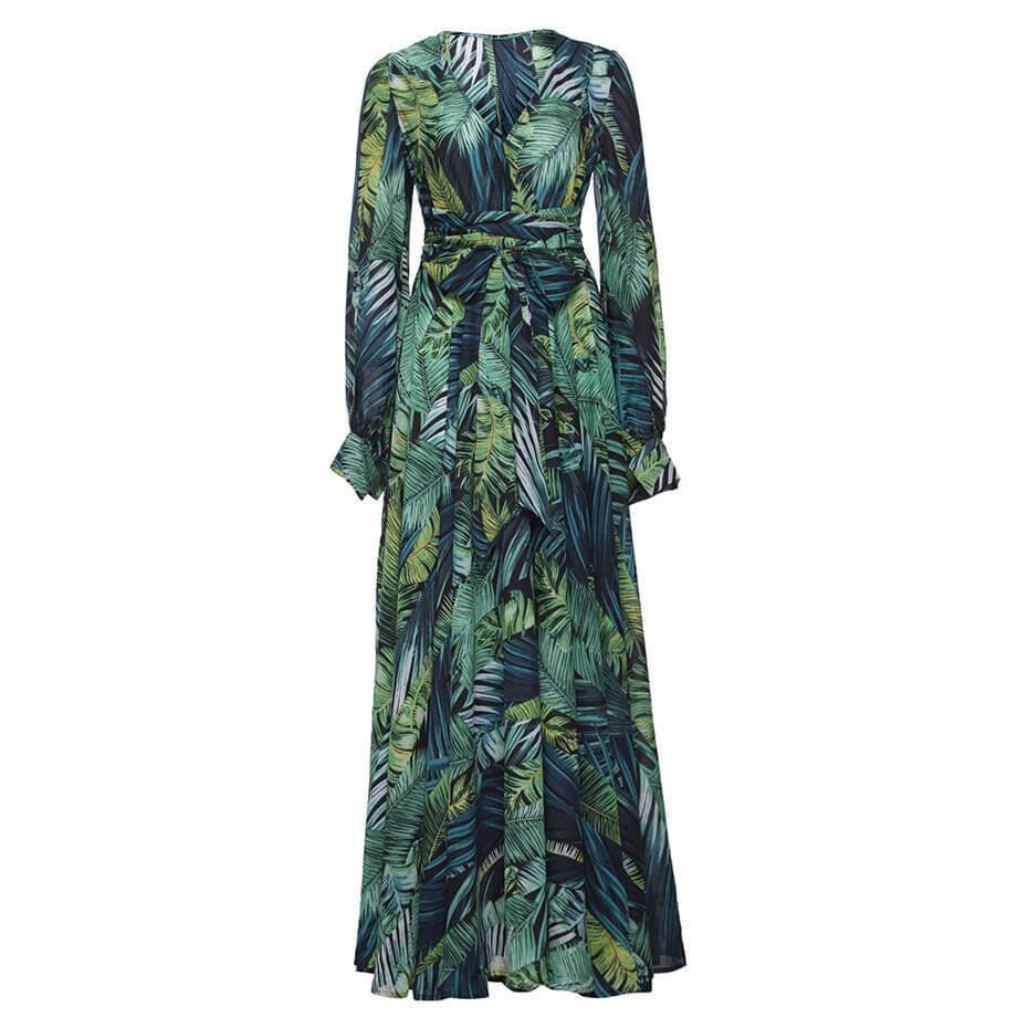 Florcoo V-Neck Leaf Print Maxi Dress