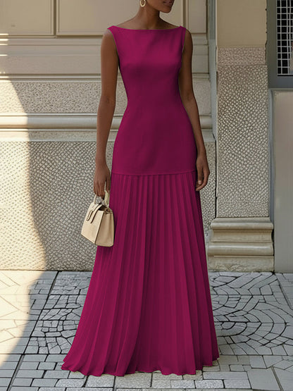 Sleeveless Gauze Pleated Solid Color Split-Joint Boat Neck Evening Dresses Maxi Dresses