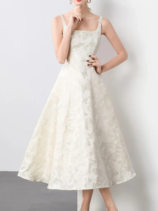 Butterfly Pattern A-Line Sleeveless Midi Dress