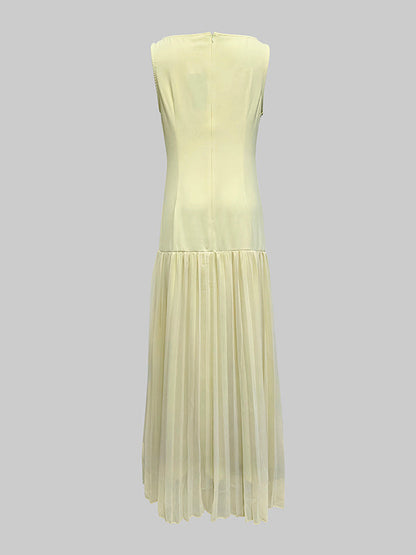 Sleeveless Gauze Pleated Solid Color Split-Joint Boat Neck Evening Dresses Maxi Dresses