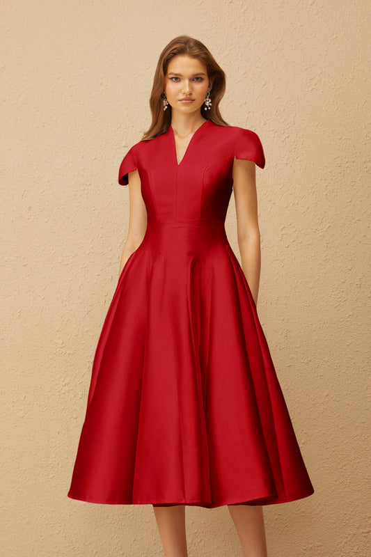 Aventin Red Godet Design Midi Dress